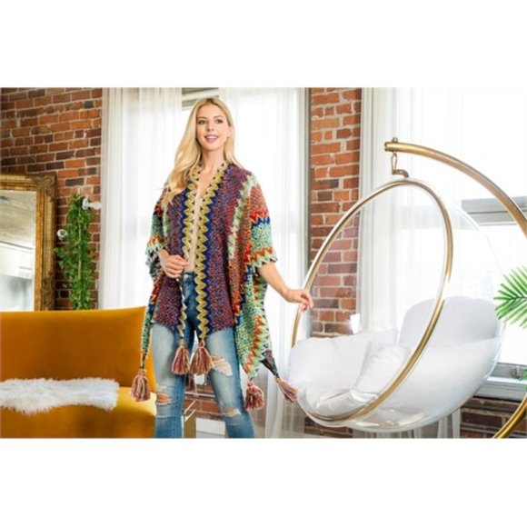 FALL VIBES KNIT ZIGZAG PATTERN TASSEL DETAILED KIMONO MULTI COLOR - Picture 7 of 7